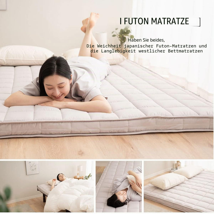 EMOOR Japanische Gepolsterte Futon-Matratze Machi 140 x 202 cm Grau, Zwickel Faltbar Verstaubar Elas