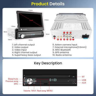 Android 2GB+32GB Autoradio 1 Din mit GPS-Navigation, WiFi, Bluetooth, FM-RDS-Radio, 7-Zoll-Touchscre