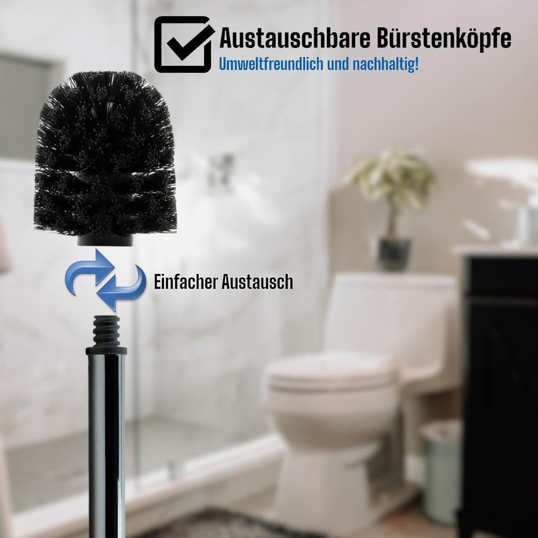 Daloual - 3 x Ersatz WC-Bürstenkopf Schwarz Ø ca. 8 cm + 1 x Edelstahl-Griff 41,5 cm - Toiletten-Bür