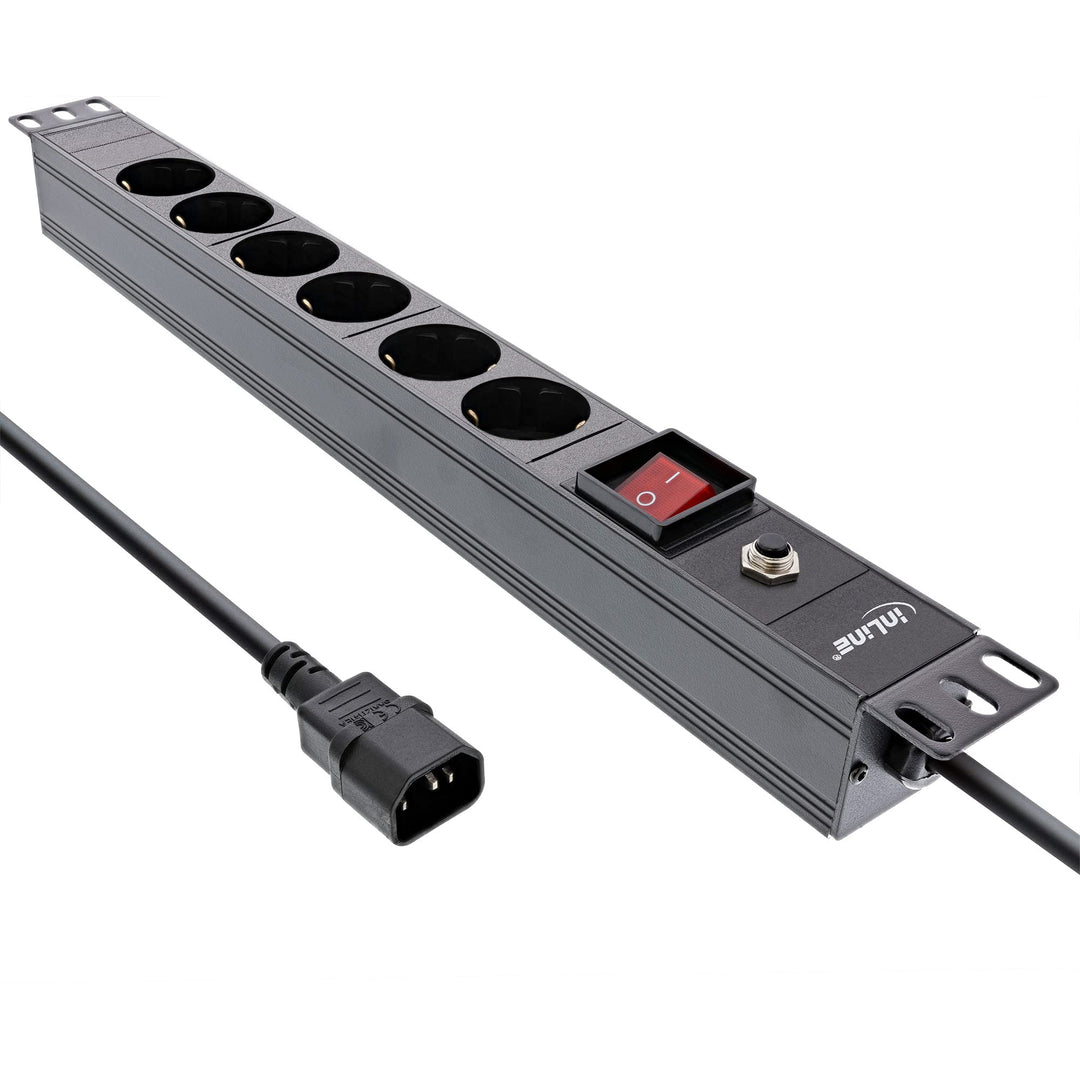 InLine® 19" Steckdosenleiste, 6-Fach Schutzkontakt, C14 Anschluss, Überlastschutz, Schalter, 2m, sch