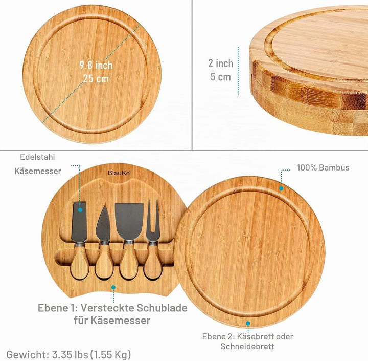 Bambus Käsebrett mit Käsemesser Set – 25cm Rund Servierplatte aus Holz für Käse und Häppchen – Chees