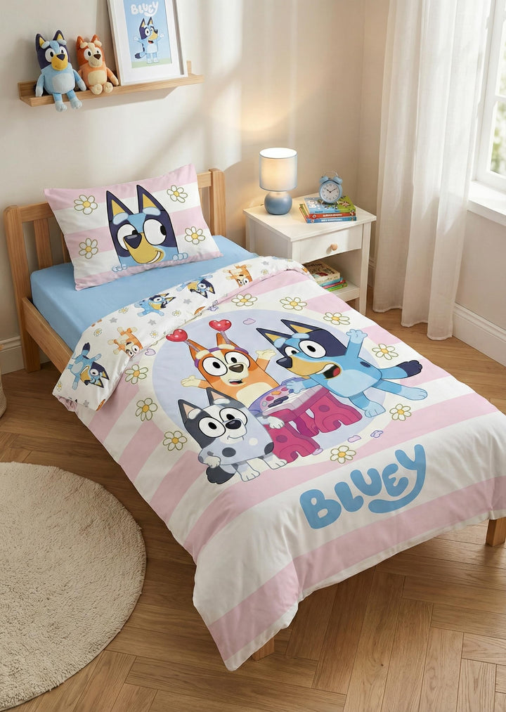 Bluey Babybettwäsche 100x135 + Kissenbezug 40x60 Rosa Streifen Bingo Junge, Rosa
