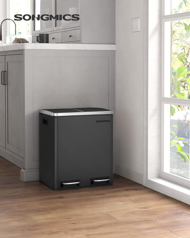 SONGMICS Mülleimer Küche, 2 x 15 L, Mülltrennsystem, Abfalleimer aus Metall, Treteimer mit Inneneime