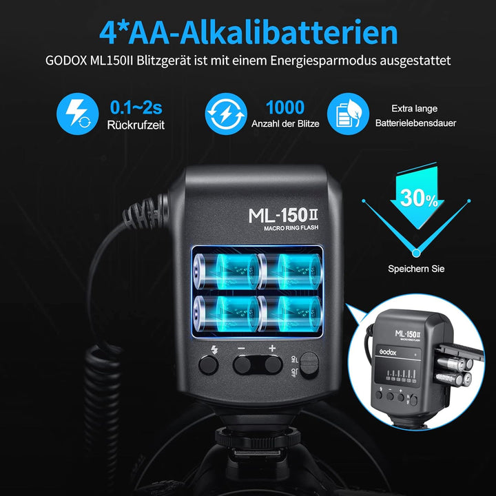 Godox ML150II Tragbarer LED Makroringblitz Ringblitzleuchte Set6-stufige Leistungswahl (1/32-1/1) 58