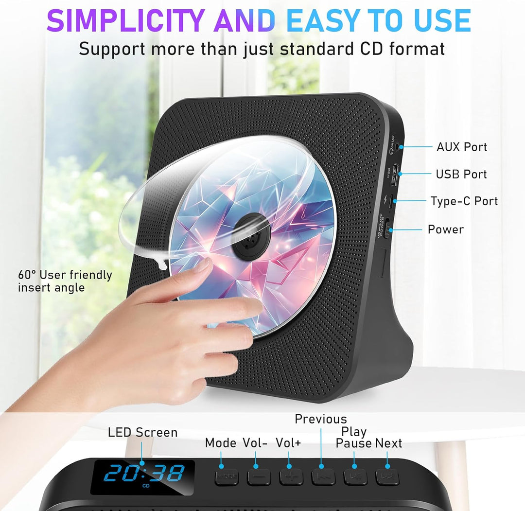 Bluetooth CD Player mit Radio, Tragbar CD Player für Zuhause, Desktop CD Player mit integriertem Dua