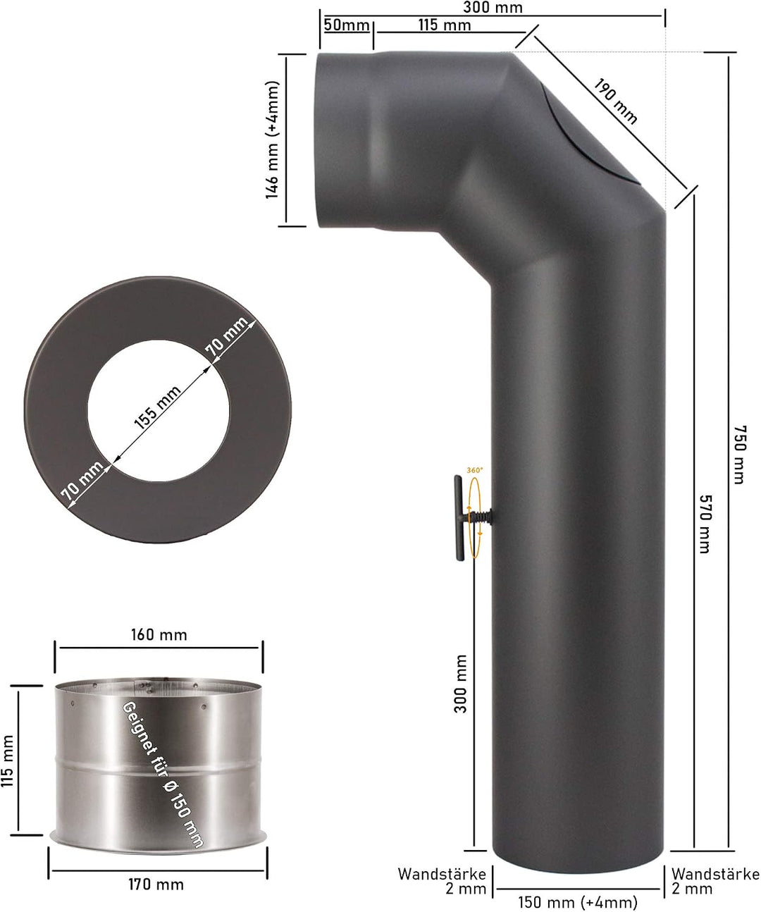 LANZZAS Ofenrohr Set 2x 45° Grad kurz, im Durchmesser, DN Ø 150 mm, Farbe: gussgrau - weitere Rohre