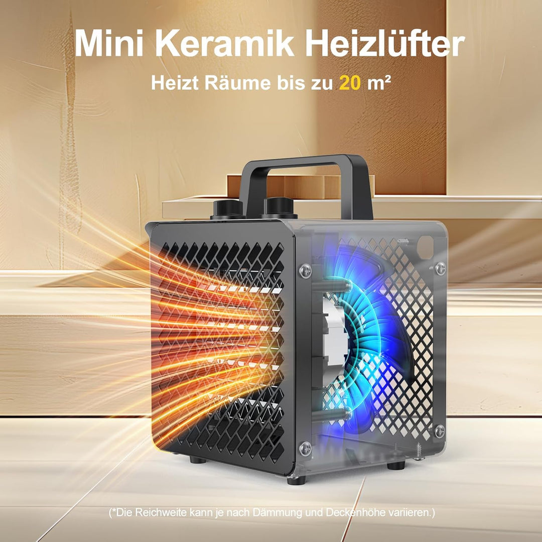 Keramik Heizlüfter 2000 Watt Klein Heizstrahler Bauheizer Bautrockner mit Thermostat & 3 Heizstufen