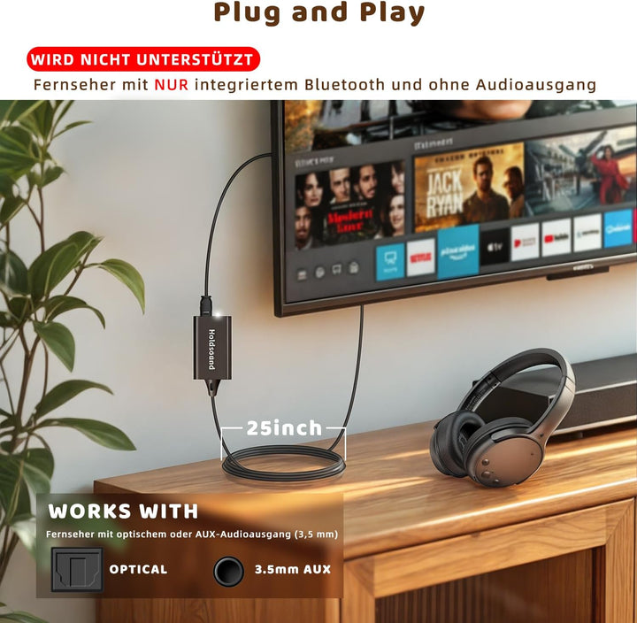 Holdsound Kopfhörer für Fernseher,TV Kopfhörer Kabellos für Senioren mit USB Verlängerungskabel Send