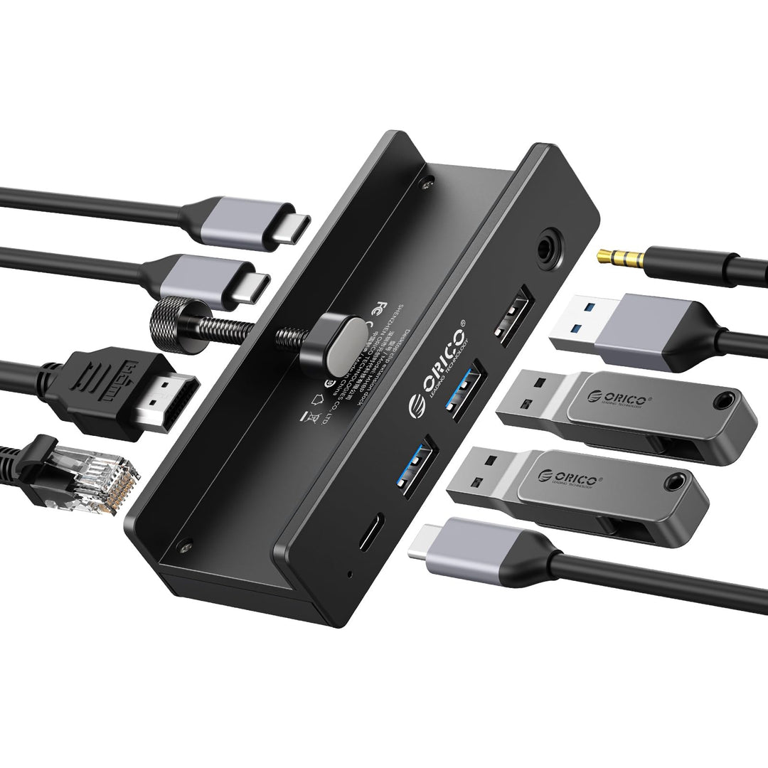 ORICO Clip Docking Station, 8-in-1 USB-C Hub Klemme mit 4K@60Hz HDMI, 100W PD, Gigabit-Ethernet, 4xU