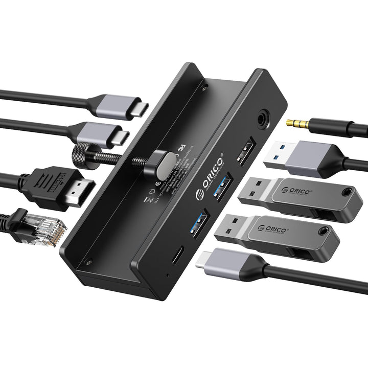 ORICO Clip Docking Station, 8-in-1 USB-C Hub Klemme mit 4K@60Hz HDMI, 100W PD, Gigabit-Ethernet, 4xU