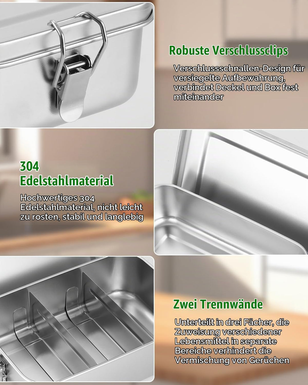 1400ml Edelstahl Brotdose Lunchbox Erwachsene Edelstahl Brotbox Inox mit Trennwand, Auslaufsicher, m