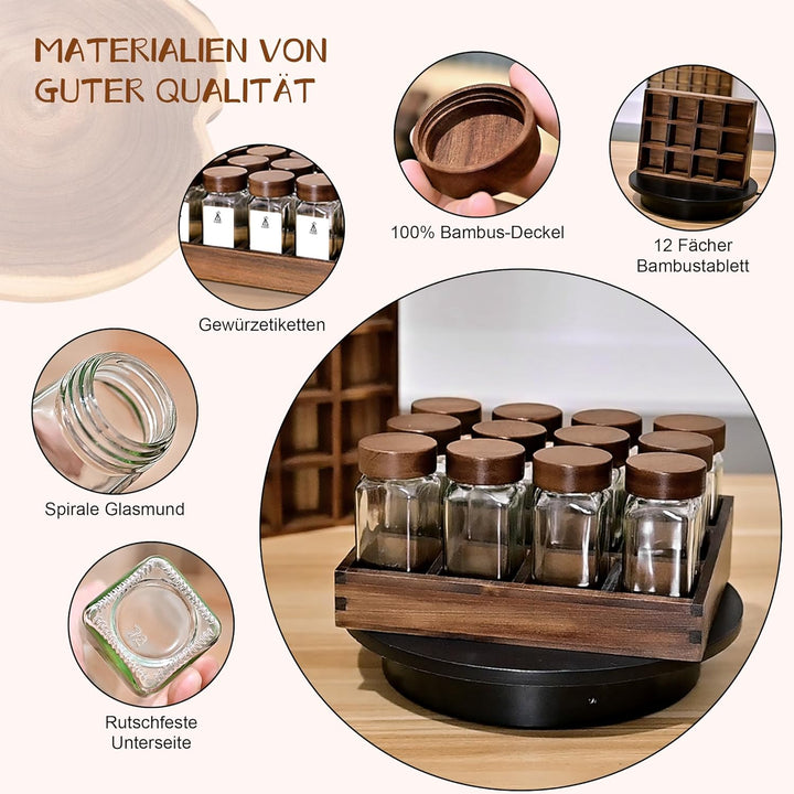 SAEIV Umweltfreundliches Akazien-Gewürzregal Holz mit 12 Fächern | 12 120ml-Gewürzgläser Drawer Orga