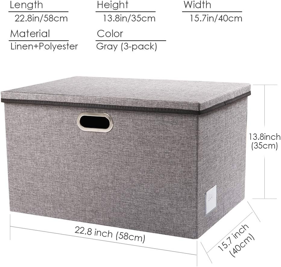 Prandom Extra grosse faltbare Aufbewahrungskörbe mit Deckel [3er-Pack] Leinenstoff Boxen Organizer C