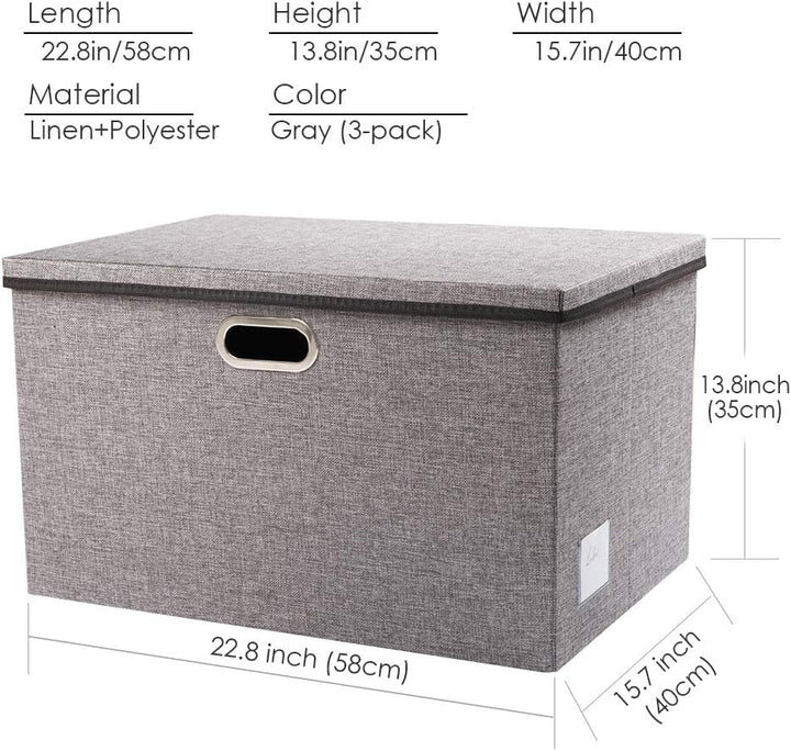 Prandom Extra grosse faltbare Aufbewahrungskörbe mit Deckel [3er-Pack] Leinenstoff Boxen Organizer C