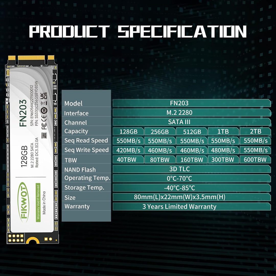 Fikwot FN203 128GB M.2 SATA SSD – SLC Cache 3D NAND TLC SATA III 6Gb/s M.2 2280 NGFF Internes Solid