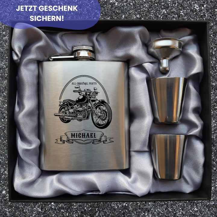 Edelstahl Flachmann mit Gravur Motorrad personalisiert mit Name 170 ml 4 Motive zur Auswahl für Moto