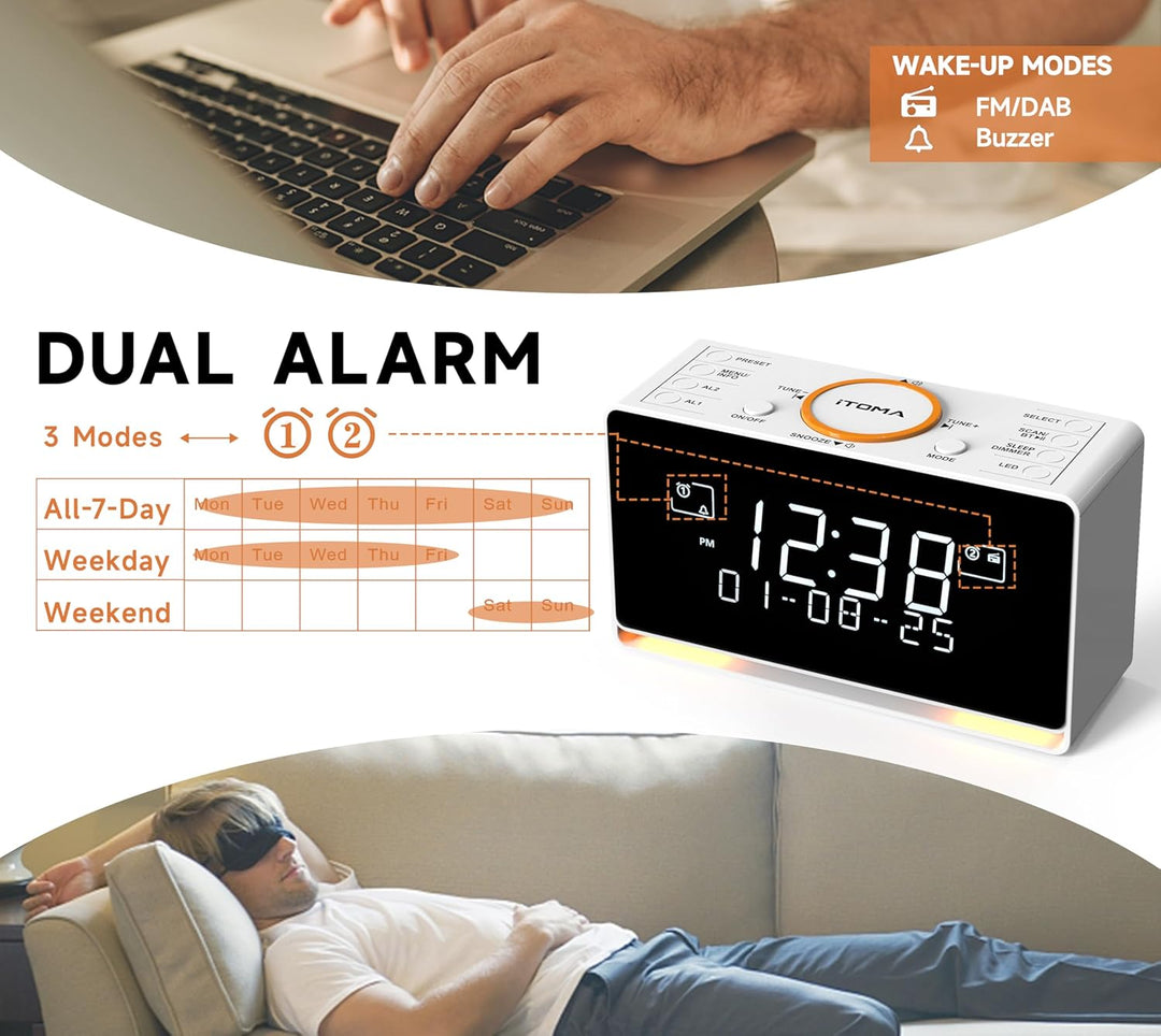 iTOMA DAB Radiowecker (DAB, UKW, Uhrenradio, Wecker mit Zwei einstellbaren Weckzeiten, Snooze-Funkti