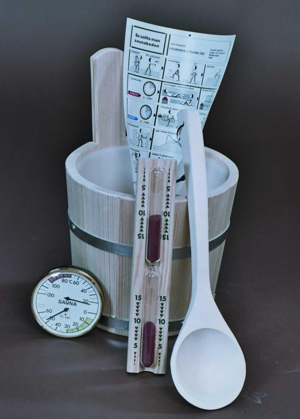 Achleitner Sauna Bad Set 5-teilig Saunakübel aus Fichtenholz, Kelle, Sanduhr, Hygrometer, Baderegelt