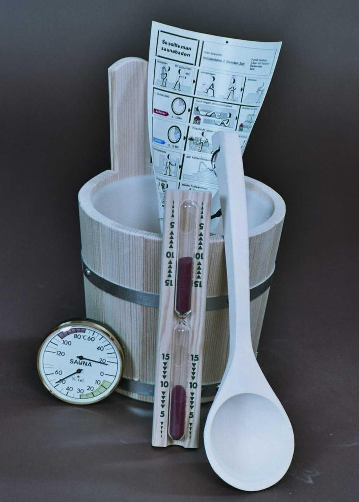 Achleitner Sauna Bad Set 5-teilig Saunakübel aus Fichtenholz, Kelle, Sanduhr, Hygrometer, Baderegelt