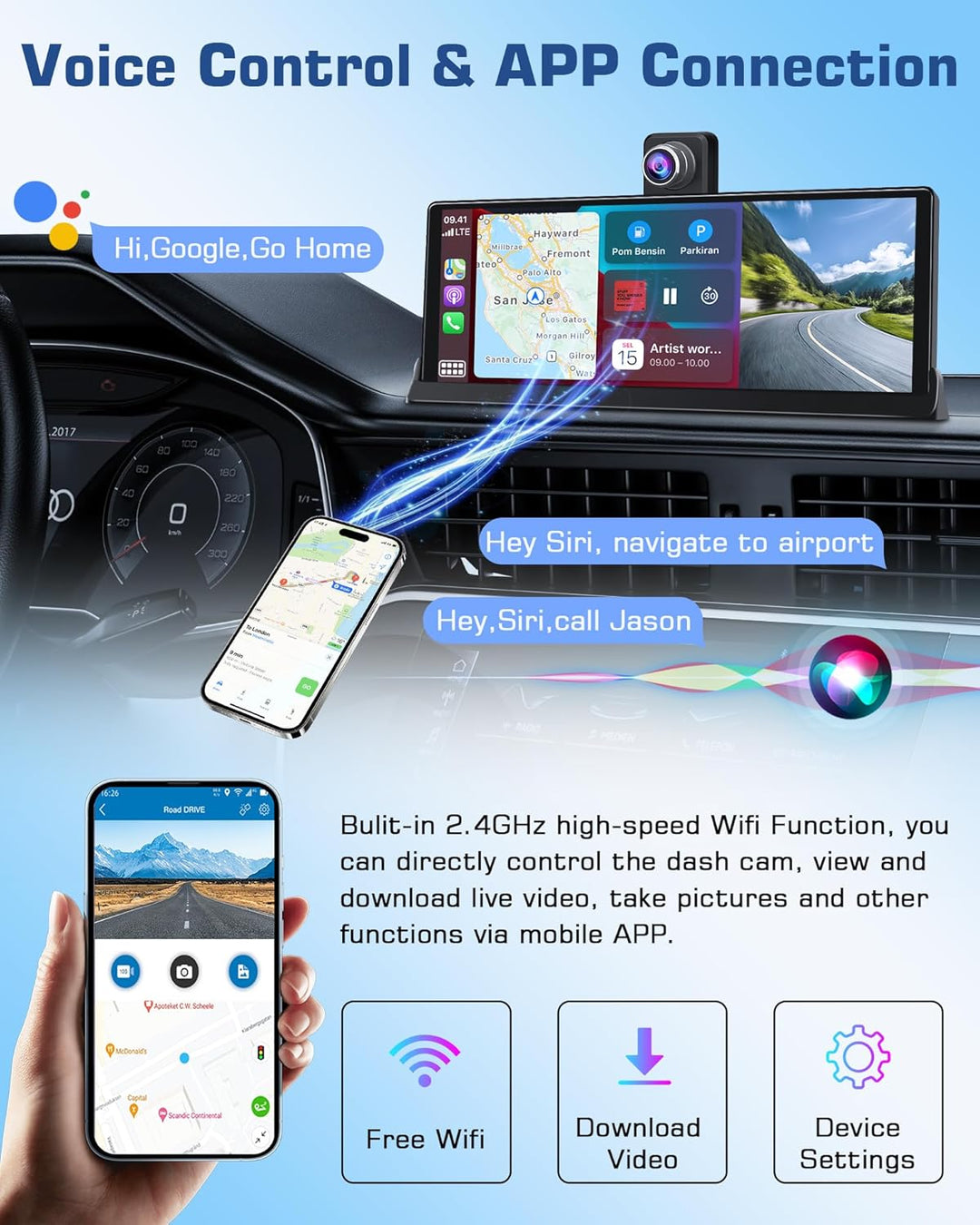 4K Carplay Display Android Auto Display mit Exklusive Halterung, 350° Drehbare Frontkamera 10,26 Zol