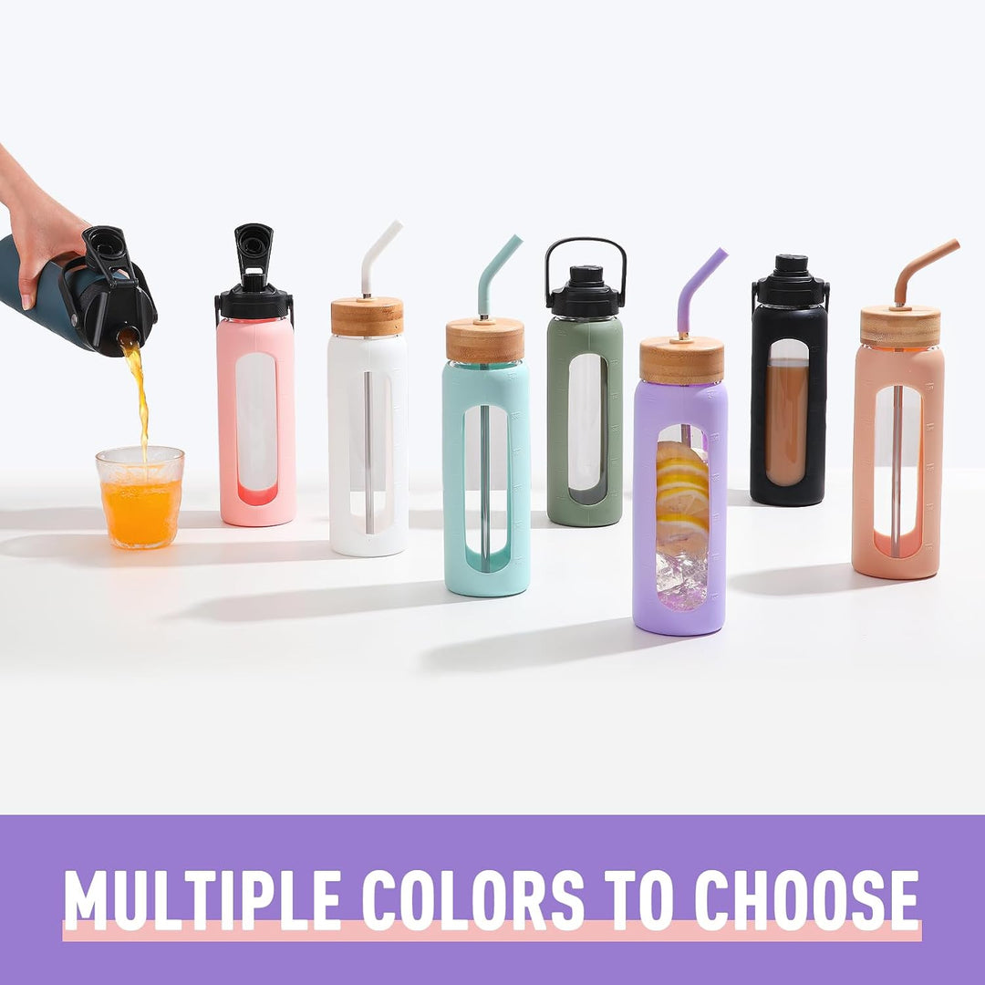 BLUEGO 700ml Glaswasserflasche mit Strohhalm und 2 Deckeln Kaffeetasse aus Glas mit Zeitmarkierung u