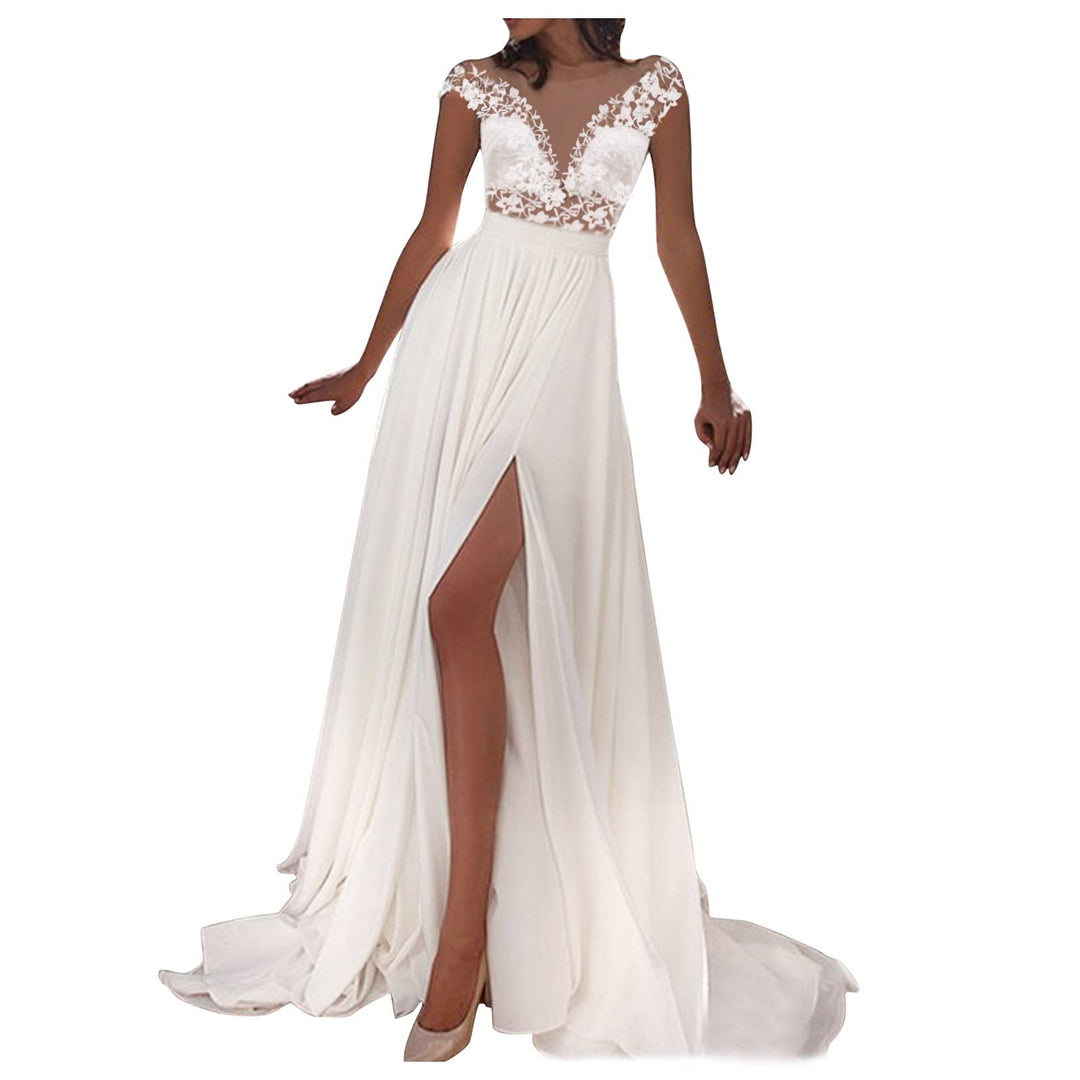 Prinzessin Trauung Kleid Damen Brautkleider A-Linie Lang Spitzen Hochzeitskleider mit Ärmel Standesa