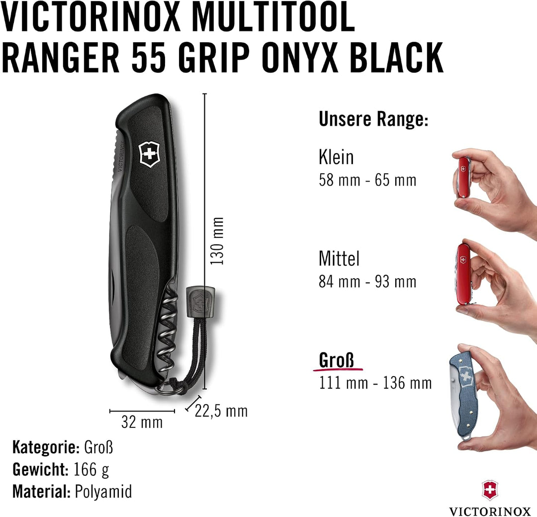 Victorinox Taschenmesser Ranger Grip 55 Onyx Black (12 Funktionen, Festellklinge, Holzsäge), schwarz