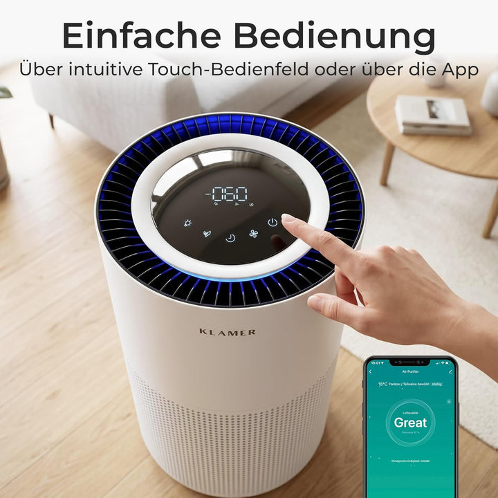 KLAMER Luftreiniger 600i mit HEPA Filter, CADR Spitzenleistung von 450 m³/h, für Räume bis 55m², ent