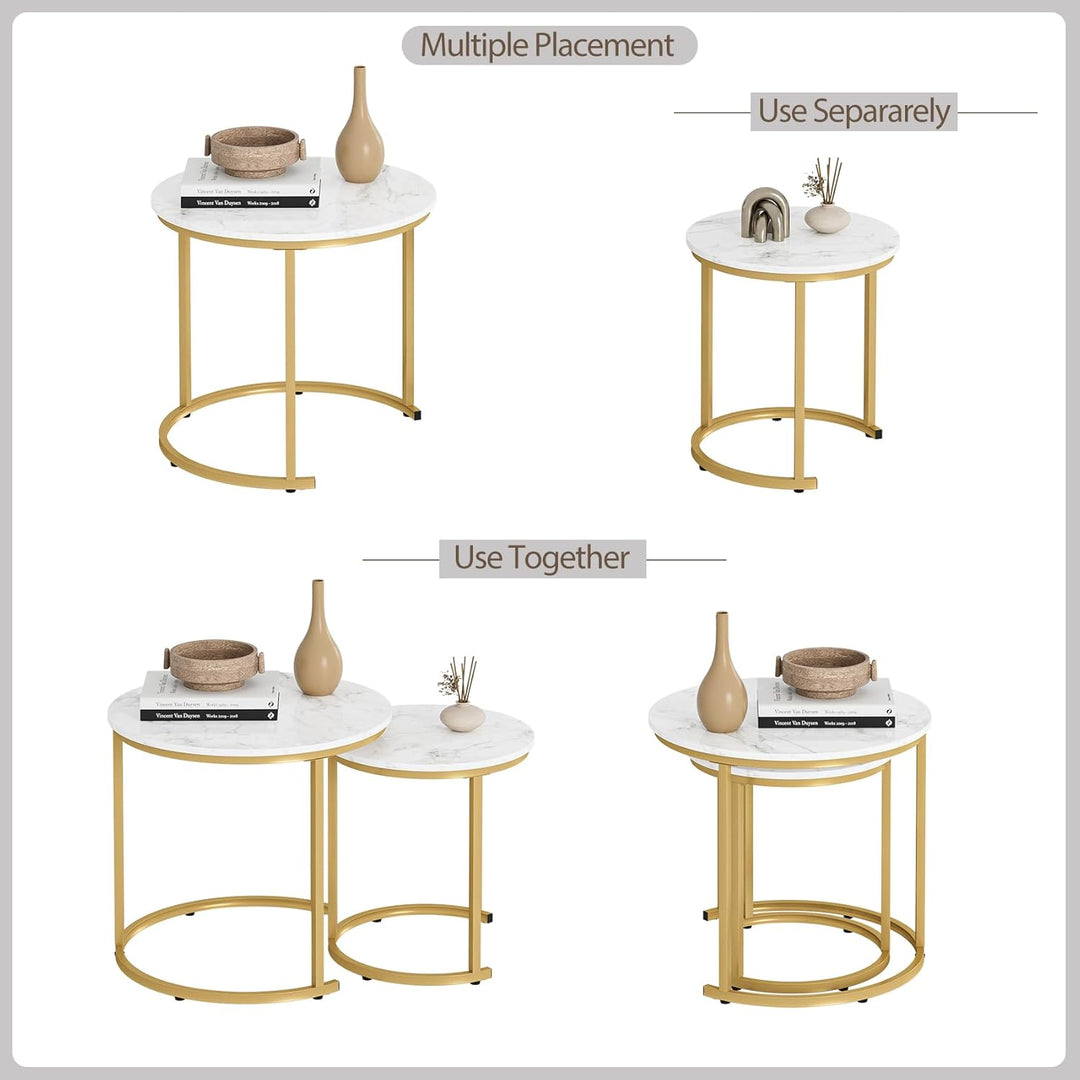 HEYZOEY Couchtisch Rund 2er Set, Wohnzimmertisch, Beistelltische Gold Metall, Kaffeetisch für Sofati