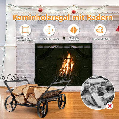 COSTWAY Kaminholzregal Metall Brennholzregal mit 4 Räder, Feuerholzregal Holzscheitregal Kaminholzko