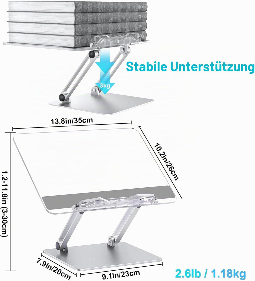 Buchständer, Aluminium und Acryl Kochbuch Schreibtisch Leseständer, Verstellbar &amp; Faltbar Buchhalter