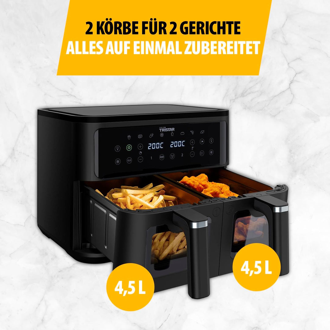 Tristar Doppelkorb-Heissluftfritteuse, 9 L Kapazität, 10 Programme, Sync-Funktion, Digitales Display
