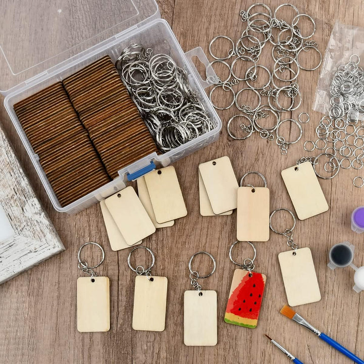 100 Stück 5*3cm Holzscheiben mit Loch und 100 Stück Schlüsselringe, Holz Schlüsselanhänger zum Bemal