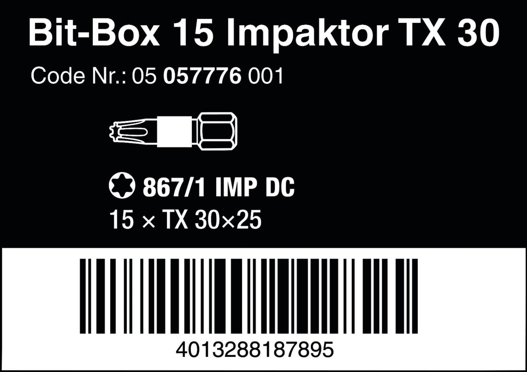 Wera Bit-Sortiment, Bit-Box 15 Impaktor TX 30, 15-teilig, 05057776001, 7.4 x 6.9 x 2 cm