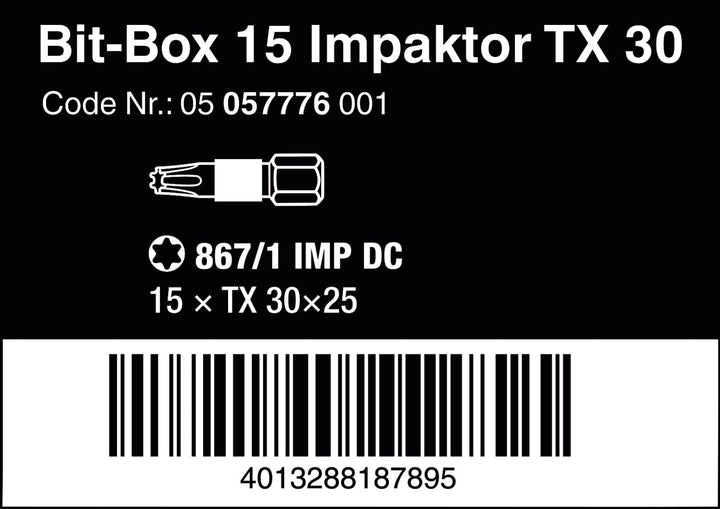 Wera Bit-Sortiment, Bit-Box 15 Impaktor TX 30, 15-teilig, 05057776001, 7.4 x 6.9 x 2 cm