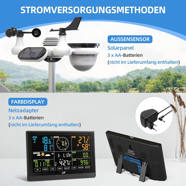 LFF Wetterstation Funk mit Aussensensor, Funkwetterstation mit DCF-Funkuhr, Regenmesser, windmesser,
