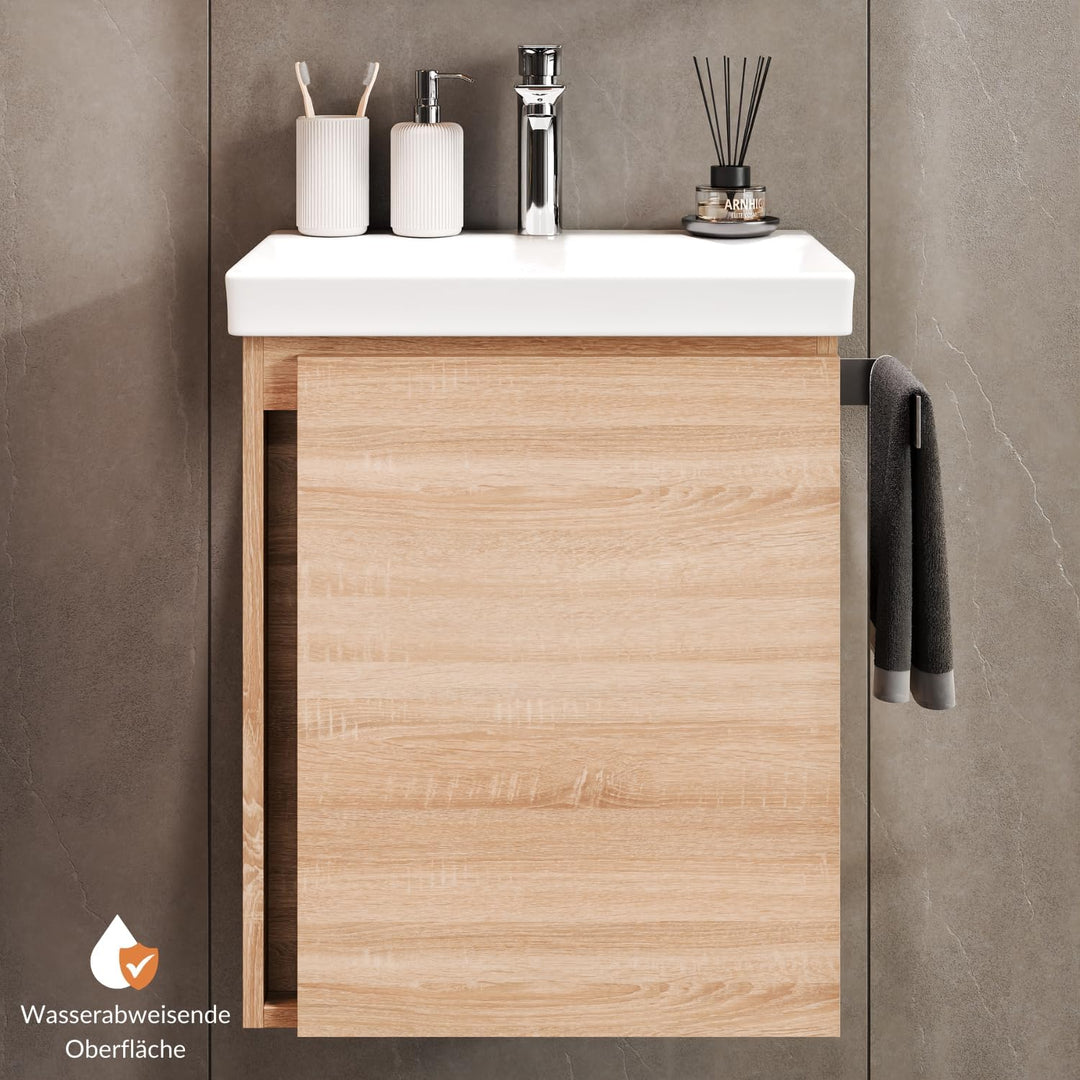 Planetmöbel Waschtischunterschrank 50 cm Sonoma Eiche mit Armatur Chrom mit Wasserhahn Chrom Sonoma