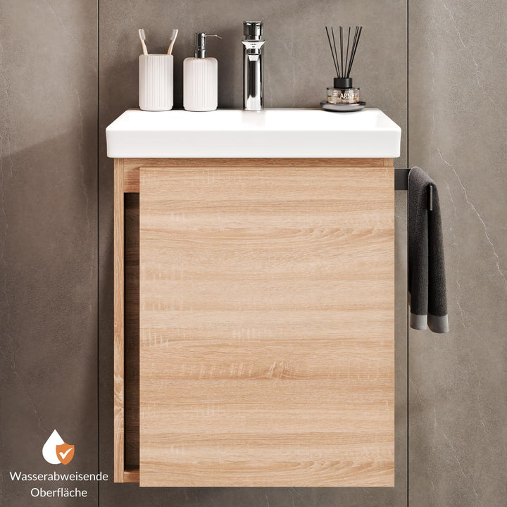 Planetmöbel Waschtischunterschrank 50 cm Sonoma Eiche mit Armatur Chrom mit Wasserhahn Chrom Sonoma