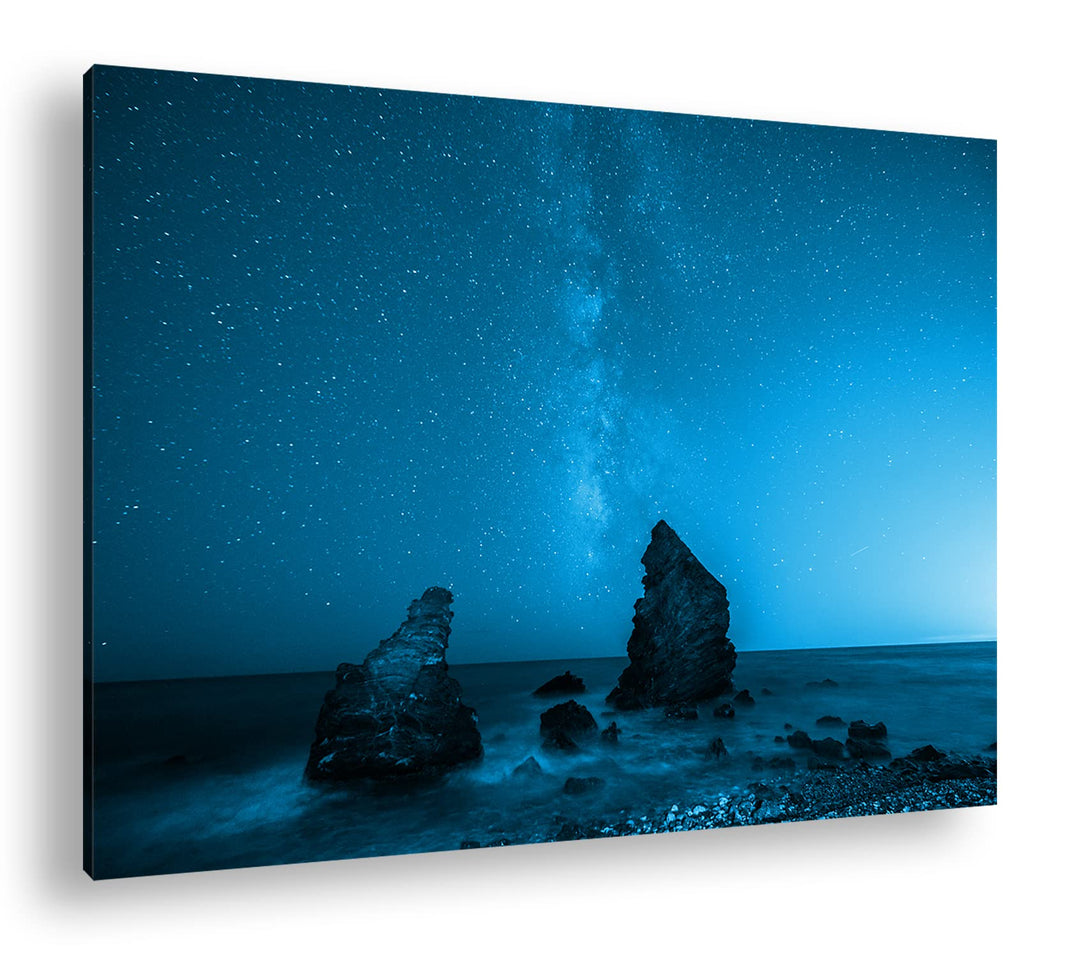 deyoli atemberaubender Sternenhimmel am Meer Format 80x60 Effekt: Monocrome Blau als Leinwandbild, M