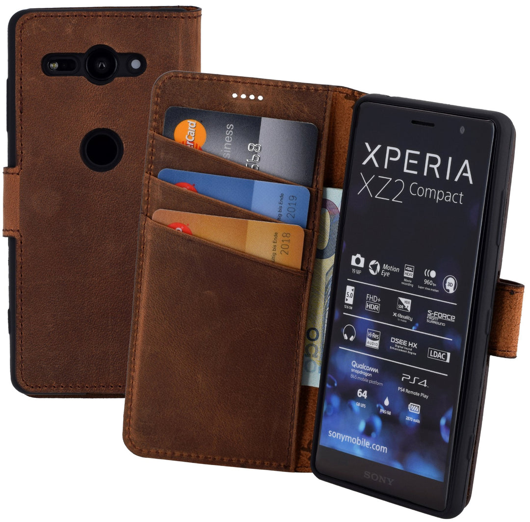 Suncase Book-Style kompatibel für Sony Xperia XZ2 Compact Hülle (Slim-Fit) Leder Tasche Handytasche