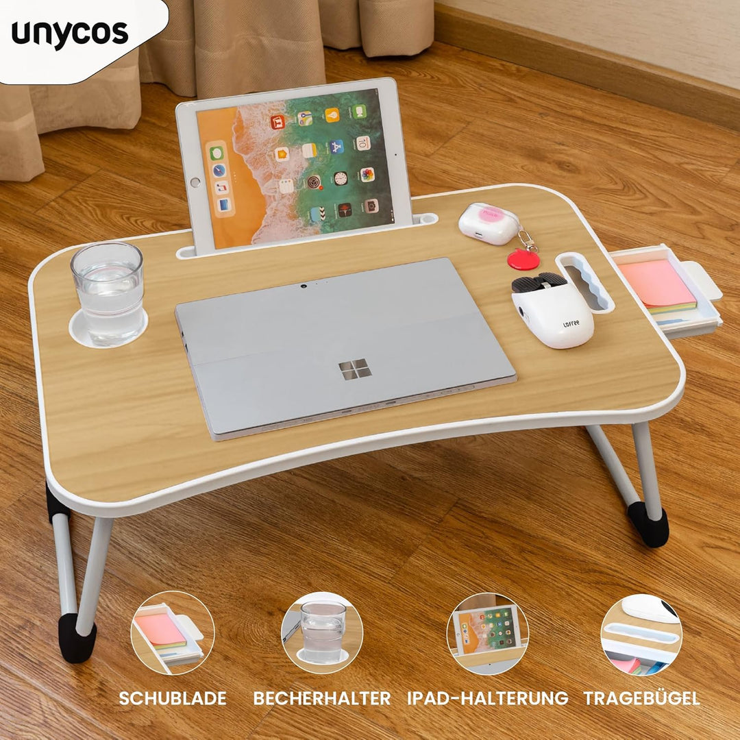 unycos - Betttablett Klappbar, Frühstückstablett mit Griff und Getränkehalter, Serviertisch, Ideal f