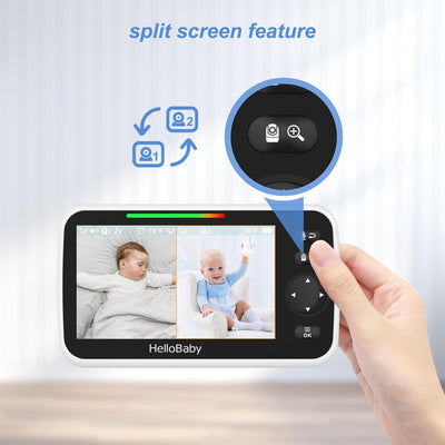 HelloBaby Video-Baby-Monitor, 5-Zoll-Split-Screen mit Dual-Kameras, Fernsteuerung Kameras mit Nachts