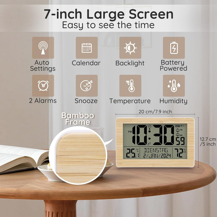 Wecker Digital Funkuhr Tischuhr mit grossem LCD-Display, Kalender, Temperatur, Luftfeuchtigkeit, Hin