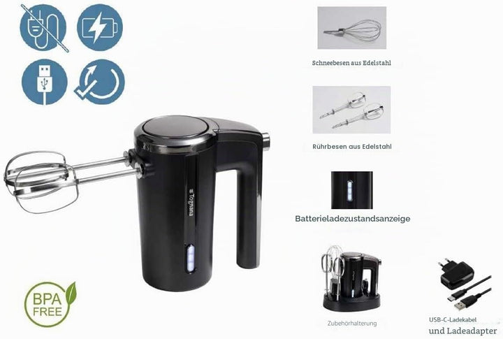 Tognana Avantspace Wiederaufladbarer Kabelloser Handmixer Kunststoff-Edelstahl Schwarz