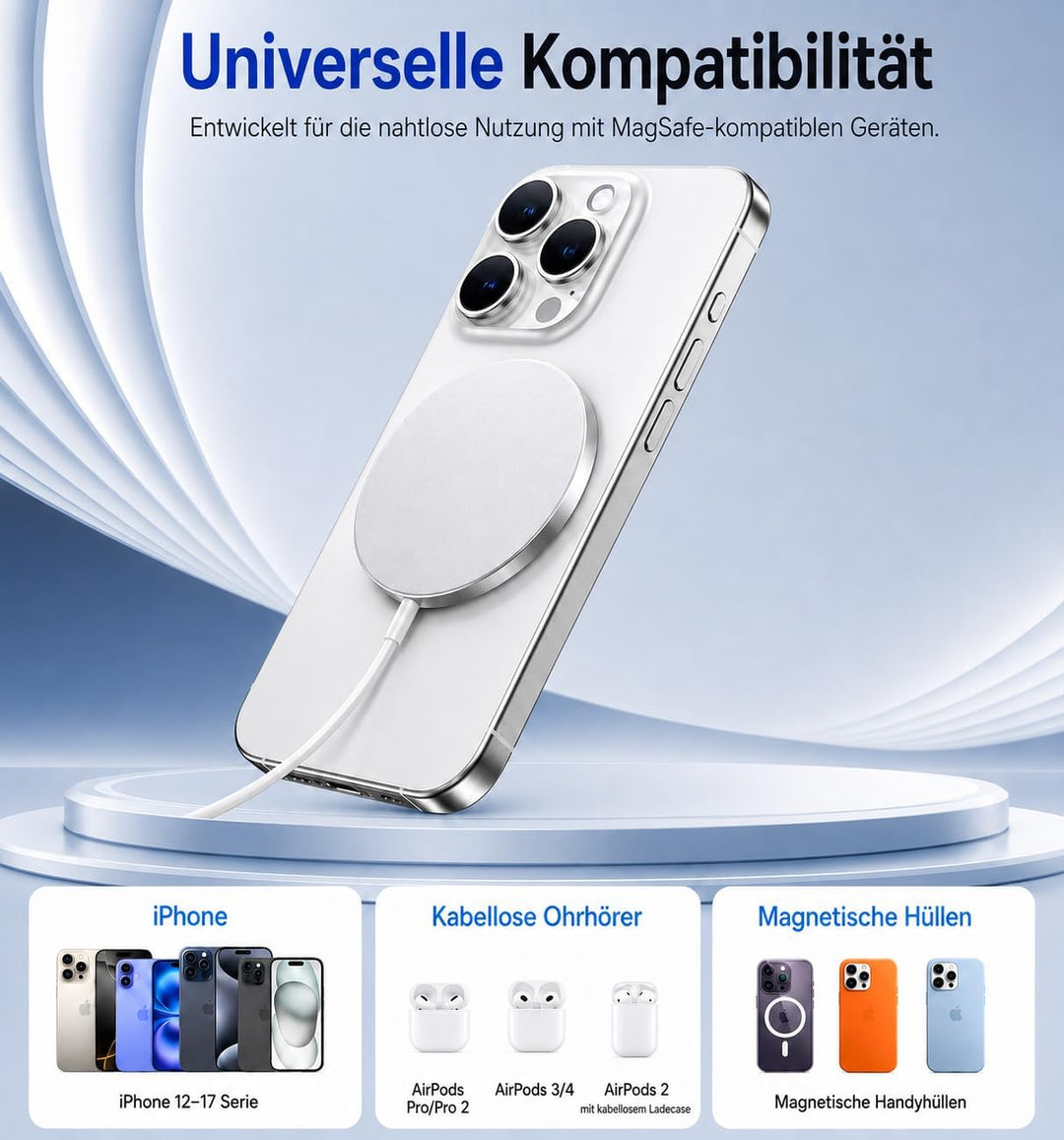 EXW für Mag-Safe Ladegerät, kabelloses Ladegerät, 15W Induktive Ladestation für iPhone 17/16/15/14/1