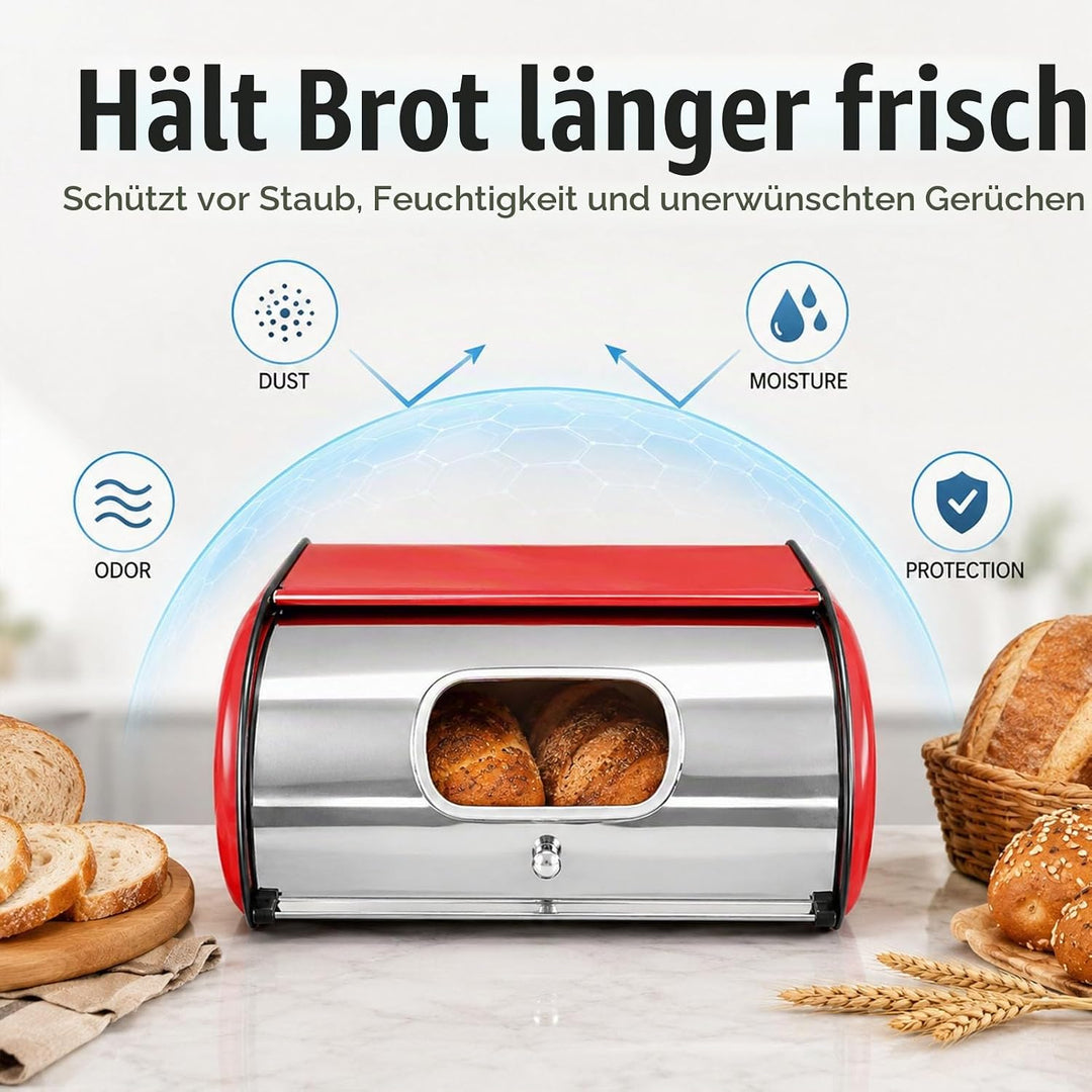 Brotkasten Metall Brotbox mit Sichtfenster Brot Aufbewahrungsbox 35.5x23x14.5 cm Rollbrotkasten Brot