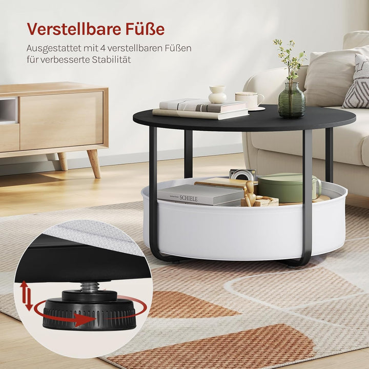 WOLTU Runder Couchtisch Ø 80 x H 50 cm, Nachttisch mit Aufbewahrungskorb, aus PB-Platte + Metall + S