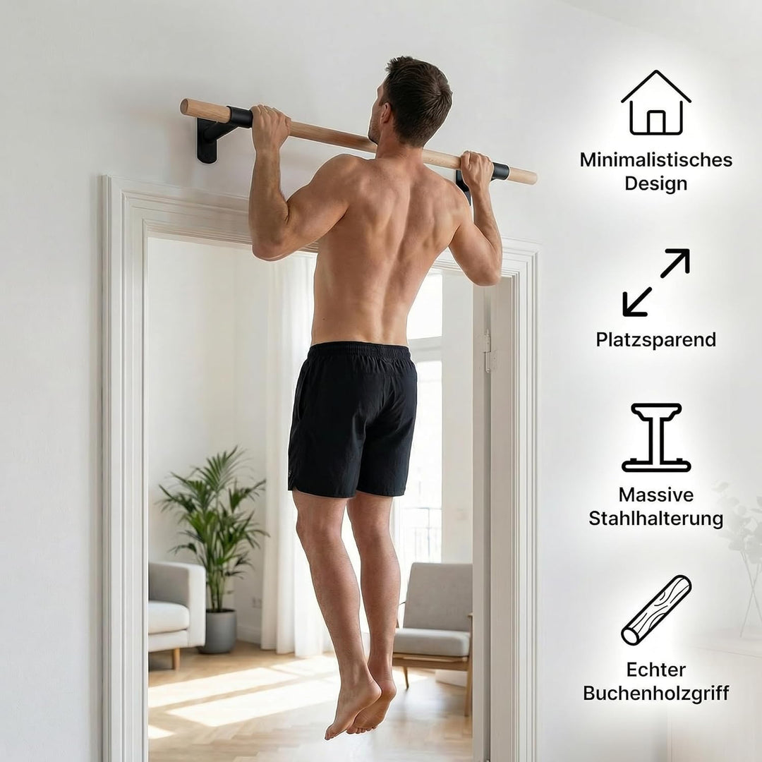 Klimmzugstange Wand - Platzsparende Pull Up Bar aus Holz zur festen Wandmontage - stilvolles Design