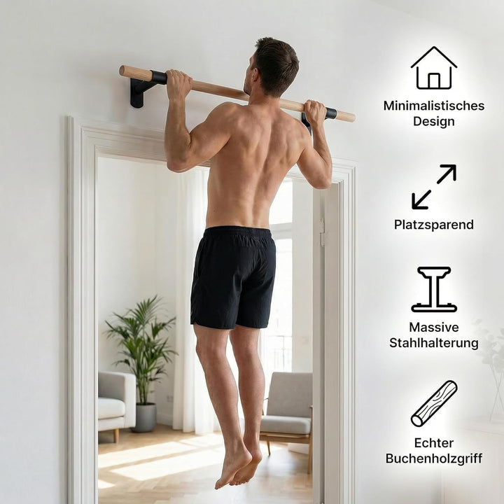 Klimmzugstange Wand - Platzsparende Pull Up Bar aus Holz zur festen Wandmontage - stilvolles Design