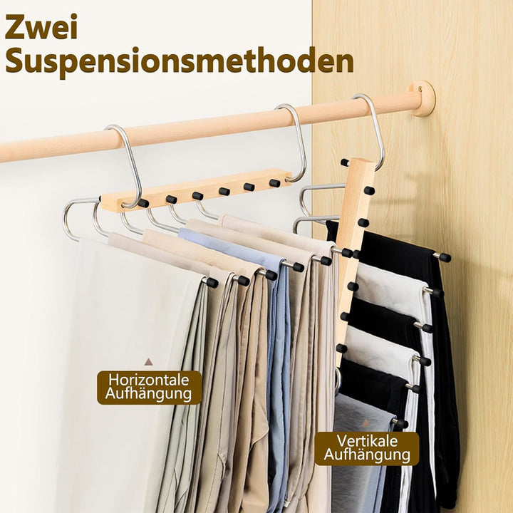 YUNLEX 2 Stück 6 in 1 Holz Hosenbügel Platzsparend | Rutschfeste Magische Kleiderbügel, Faltbare Hos